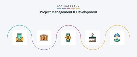 la gestión de proyectos y la línea de desarrollo llenaron el paquete de iconos planos 5, incluido el equipo. androide. portafolio. teléfono. reloj inteligente vector