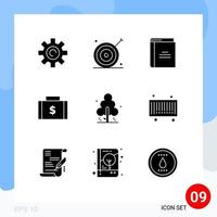 Mobile Interface Solid Glyph Set of 9 Pictograms of money dollar target bag open book Editable Vector Design Elements