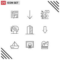 User Interface Pack of 9 Basic Outlines of landscape construction audio buildings printing Editable Vector Design Elements