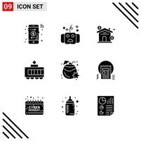 Mobile Interface Solid Glyph Set of 9 Pictograms of drink coconut asset transport railroad Editable Vector Design Elements