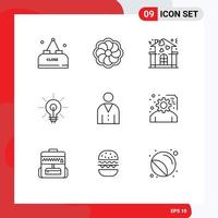 Mobile Interface Outline Set of 9 Pictograms of human inspirating home insight glow Editable Vector Design Elements