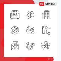 Universal Icon Symbols Group of 9 Modern Outlines of slippers flip flops office beach fire Editable Vector Design Elements