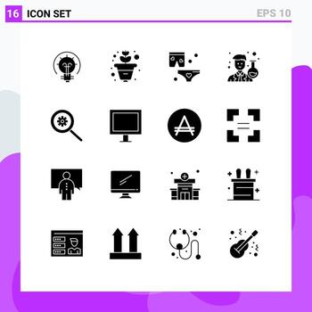 16 glifos sólidos universales establecidos para aplicaciones web y móviles control de búsqueda amor científico avatar elementos de diseño vectorial editables vector