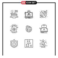 Pack of 9 Modern Outlines Signs and Symbols for Web Print Media such as location share bulb data toy Editable Vector Design Elements