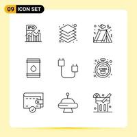 Pack of 9 Modern Outlines Signs and Symbols for Web Print Media such as flamable oil server barrel love Editable Vector Design Elements