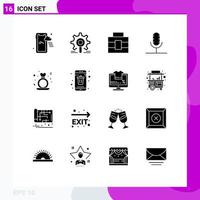 16 User Interface Solid Glyph Pack of modern Signs and Symbols of heart record briefcase microphone broadcast Editable Vector Design Elements