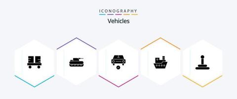 Vehicles 25 Glyph icon pack including vessel. steamboat. tank. ship. done vector