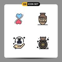 4 Universal Filledline Flat Color Signs Symbols of heart plant amphora jar analysis Editable Vector Design Elements