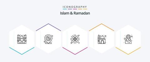 paquete de iconos de 25 líneas de islam y ramadán, incluido el islámico. chica. arte islámico. religión. edificio vector