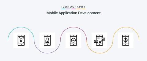 paquete de iconos de la línea 5 de desarrollo de aplicaciones móviles que incluye la aplicación. división aplicación movil. flechas aplicación movil vector