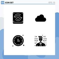 4 Universal Solid Glyphs Set for Web and Mobile Applications computing time keeper cloud cloudy wall clock Editable Vector Design Elements