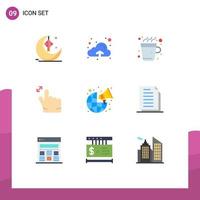 Mobile Interface Flat Color Set of 9 Pictograms of marketing broadcast coffee zoom gesture Editable Vector Design Elements