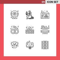 Pictogram Set of 9 Simple Outlines of firewall wedding money ring engagement Editable Vector Design Elements