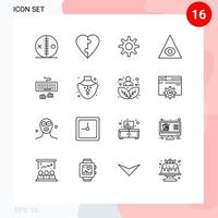 Editable Vector Line Pack of 16 Simple Outlines of typing interface gear keyboard god Editable Vector Design Elements