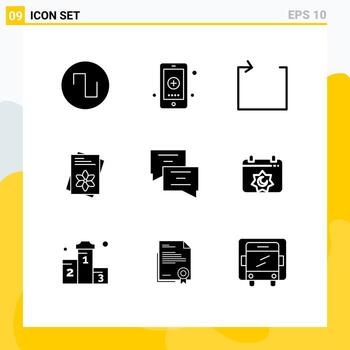conjunto moderno de 9 pictogramas de glifos sólidos de elementos de diseño de vector editables de archivo de resorte de flecha de chat de mensaje