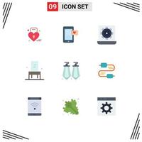 Modern Set of 9 Flat Colors Pictograph of earrings interior computer furniture setting Editable Vector Design Elements