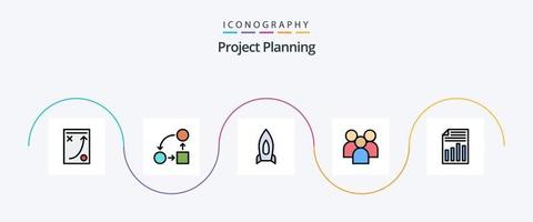 la línea de planificación del proyecto llenó el paquete de iconos planos 5 que incluye la página. documento. puesta en marcha. equipo. gestión vector