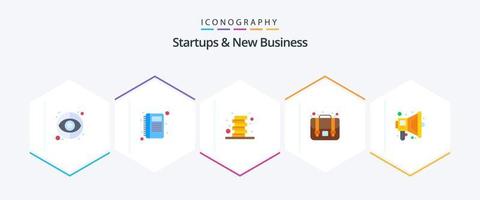 Startups y nuevos negocios 25 paquete de iconos planos que incluye . vocero. monedas megáfono. maleta vector