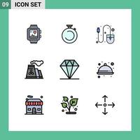 Mobile Interface Filledline Flat Color Set of 9 Pictograms of care production watch pollution tool Editable Vector Design Elements