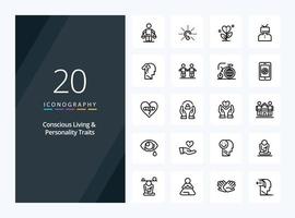 20 Concious Living And Personality Traits Outline icon for presentation vector