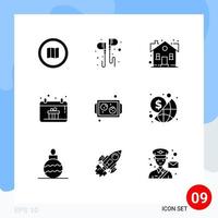 conjunto de glifos sólidos de interfaz móvil de 9 pictogramas de elementos de diseño de vector editables de propiedad de música de calendario de mano