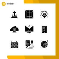 Mobile Interface Solid Glyph Set of 9 Pictograms of email flow location data storage Editable Vector Design Elements