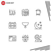 Group of 9 Modern Outlines Set for heart sound recording microwave digital recording audio tape Editable Vector Design Elements