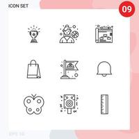 9 Universal Outlines Set for Web and Mobile Applications communist shopping female player hand bag strategy Editable Vector Design Elements