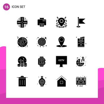 grupo de 16 glifos sólidos modernos establecidos para elementos de diseño vectorial editables de seguridad de ubicación de máquina de mapa de pizza vector