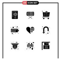 Mobile Interface Solid Glyph Set of 9 Pictograms of heart mobile parade charging shopping cart Editable Vector Design Elements