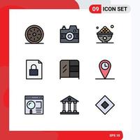 Mobile Interface Filledline Flat Color Set of 9 Pictograms of furniture file photography document lunch Editable Vector Design Elements