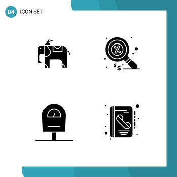 User Interface Pack of 4 Basic Solid Glyphs of elephant address finance machine contact Editable Vector Design Elements