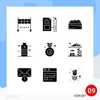 Group of 9 Modern Solid Glyphs Set for medal low botanical essential battery Editable Vector Design Elements