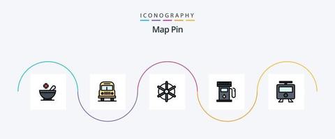 paquete de iconos planos llenos de línea de pin de mapa 5 que incluye tren. ferrocarril. rueda de la nave. mapas mapas vector