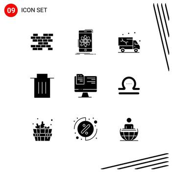 Set of 9 Vector Solid Glyphs on Grid for computer trash car interface truck Editable Vector Design Elements