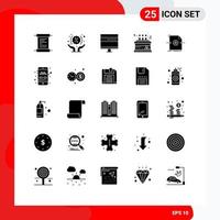 Pack of 25 Modern Solid Glyphs Signs and Symbols for Web Print Media such as document decoration computer celebration birthday Editable Vector Design Elements