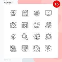 Pack of 16 Modern Outlines Signs and Symbols for Web Print Media such as pc device bowl monitor peanuts Editable Vector Design Elements