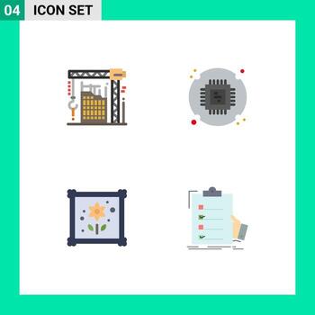 paquete de 4 signos y símbolos de iconos planos modernos para medios de impresión web, como elementos de diseño de vectores editables de hobby de cpu interior de parche de construcción