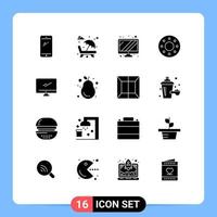 Mobile Interface Solid Glyph Set of 16 Pictograms of monitor food romance donuts device Editable Vector Design Elements