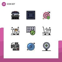 Pack of 9 Modern Filledline Flat Colors Signs and Symbols for Web Print Media such as gadget connected target computers emailing Editable Vector Design Elements