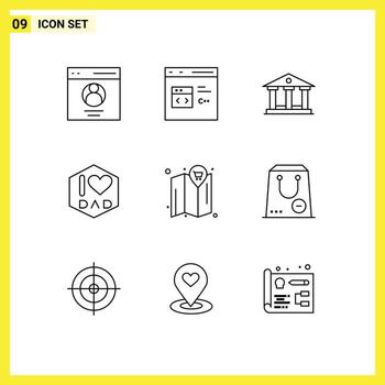 9 Universal Outlines Set for Web and Mobile Applications cart map development fathers day dad Editable Vector Design Elements