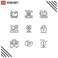 Group of 9 Modern Outlines Set for fan programming factory development coding Editable Vector Design Elements