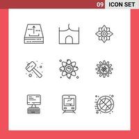 9 User Interface Outline Pack of modern Signs and Symbols of smash mallet fortress knock china Editable Vector Design Elements