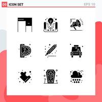 Set of 9 Commercial Solid Glyphs pack for highlighter play marketing game insert coin Editable Vector Design Elements