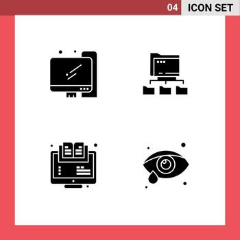 Group of 4 Solid Glyphs Signs and Symbols for computer learning folder computing online Editable Vector Design Elements