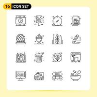 Mobile Interface Outline Set of 16 Pictograms of building gallery compass document summer Editable Vector Design Elements