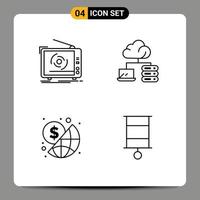 Mobile Interface Line Set of 4 Pictograms of tv global television network money Editable Vector Design Elements