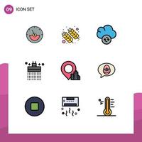 Pack of 9 Modern Filledline Flat Colors Signs and Symbols for Web Print Media such as building water wheat shower bath Editable Vector Design Elements