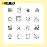 User Interface Pack of 16 Basic Outlines of house safety sport mobile clouds Editable Vector Design Elements