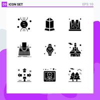 Pack of 9 Modern Solid Glyphs Signs and Symbols for Web Print Media such as smart watch typewriter jar story article Editable Vector Design Elements